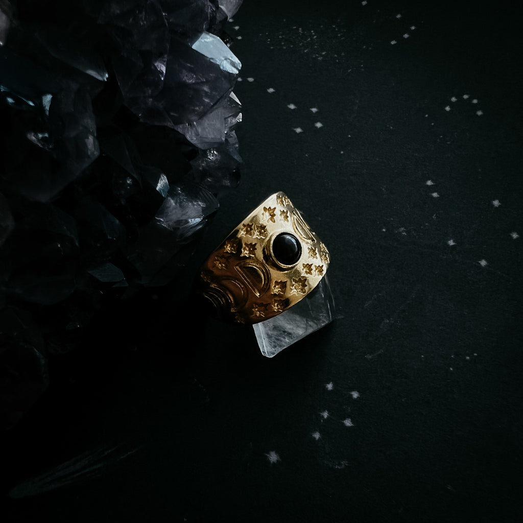 Eclipse Ring with Moon Phases and Black Opal